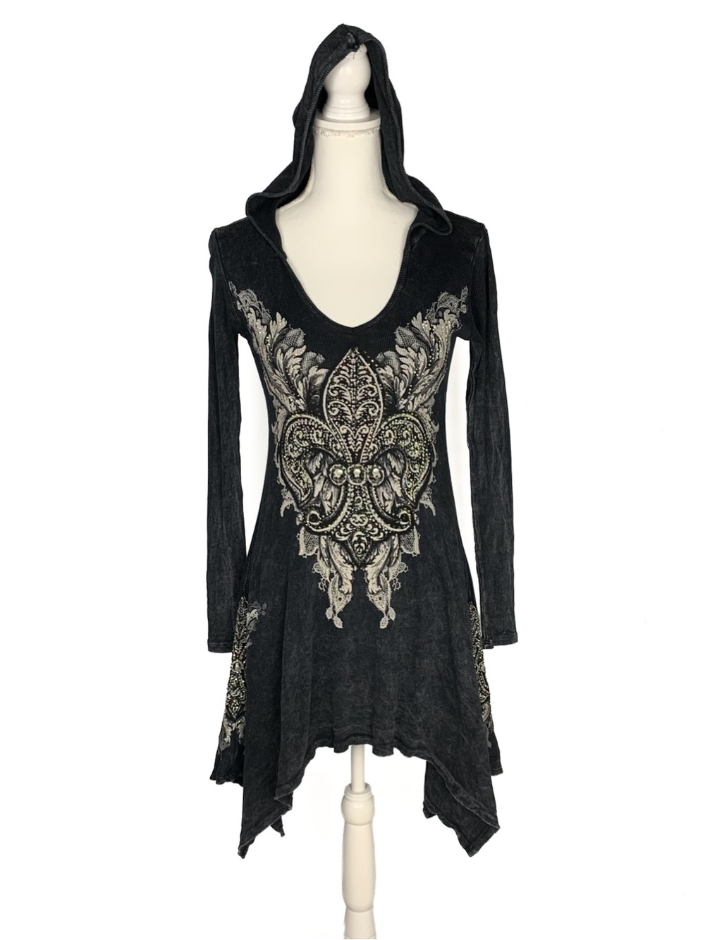 Vocal Women S Tunic Top Hooded Fleur De Lis Rhinestones Asymmetrical Whimsigoth
